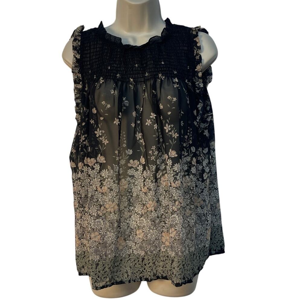 Altar'd State Sleeveless Ruffle Neck Floral Print Transparent‎ Top Multicolor  M
